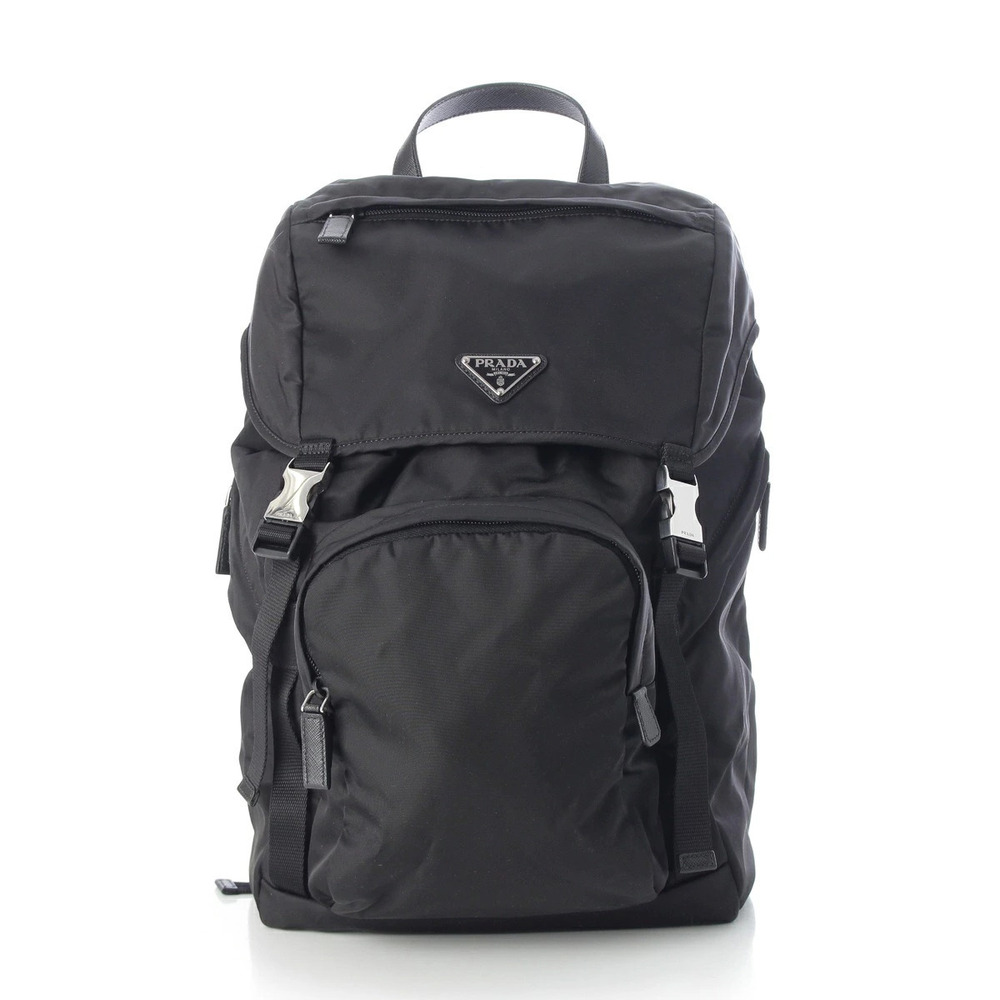 Prada Saffiano Leather Triangle Flap Backpack Rucksack Daypack Black